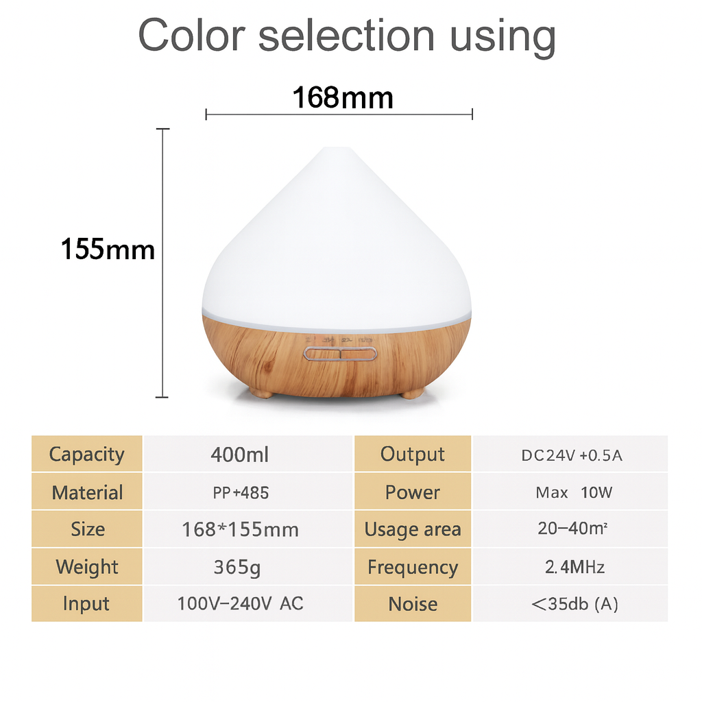 Dimensions and specifications of a white and wooden diffuser on a white background